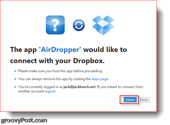 AirDropper Dropbox - verbind app met Dropbox