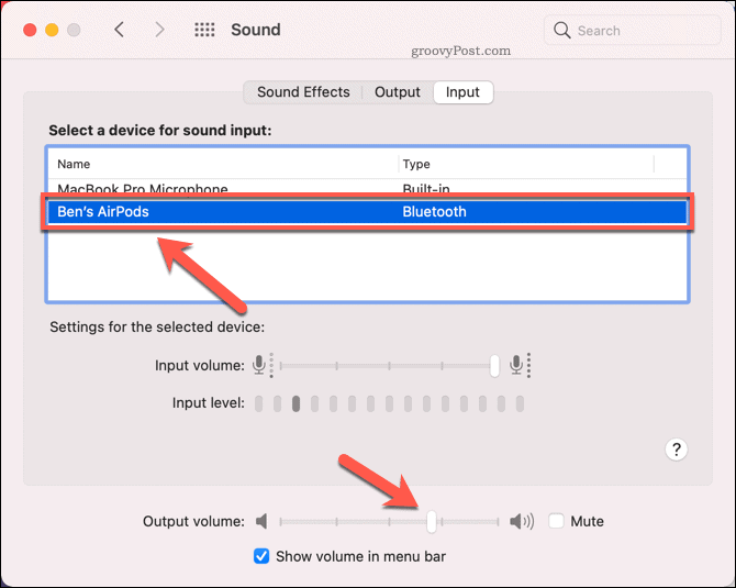 AirPods instellen als het invoergeluidsapparaat op de Mac