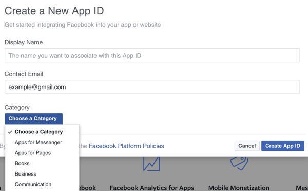 Vul de details in voor uw nieuwe Facebook-app.