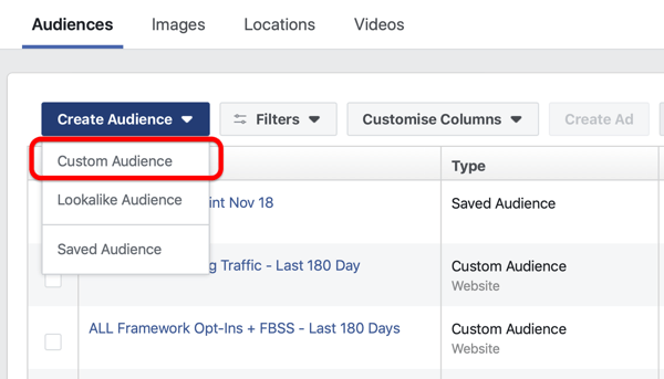 Optie om een ​​Facebook Lookalike Audience te maken onder Create Audience in Facebook Ads Manager.