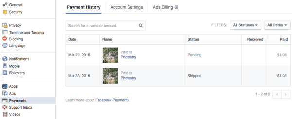 klanten bekijken bestellingen in het betalingsgedeelte van de Facebook-instellingen