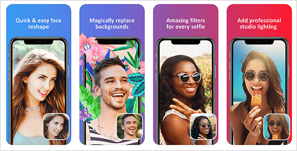 Facetune 2 is een gemakkelijke manier om je selfies bij te werken. Het voorbeeld van de iTunes App Store laat zien hoe de app een gezicht aanpast, een achtergrond vervangt, kleur filtert en lichtproblemen oplost.