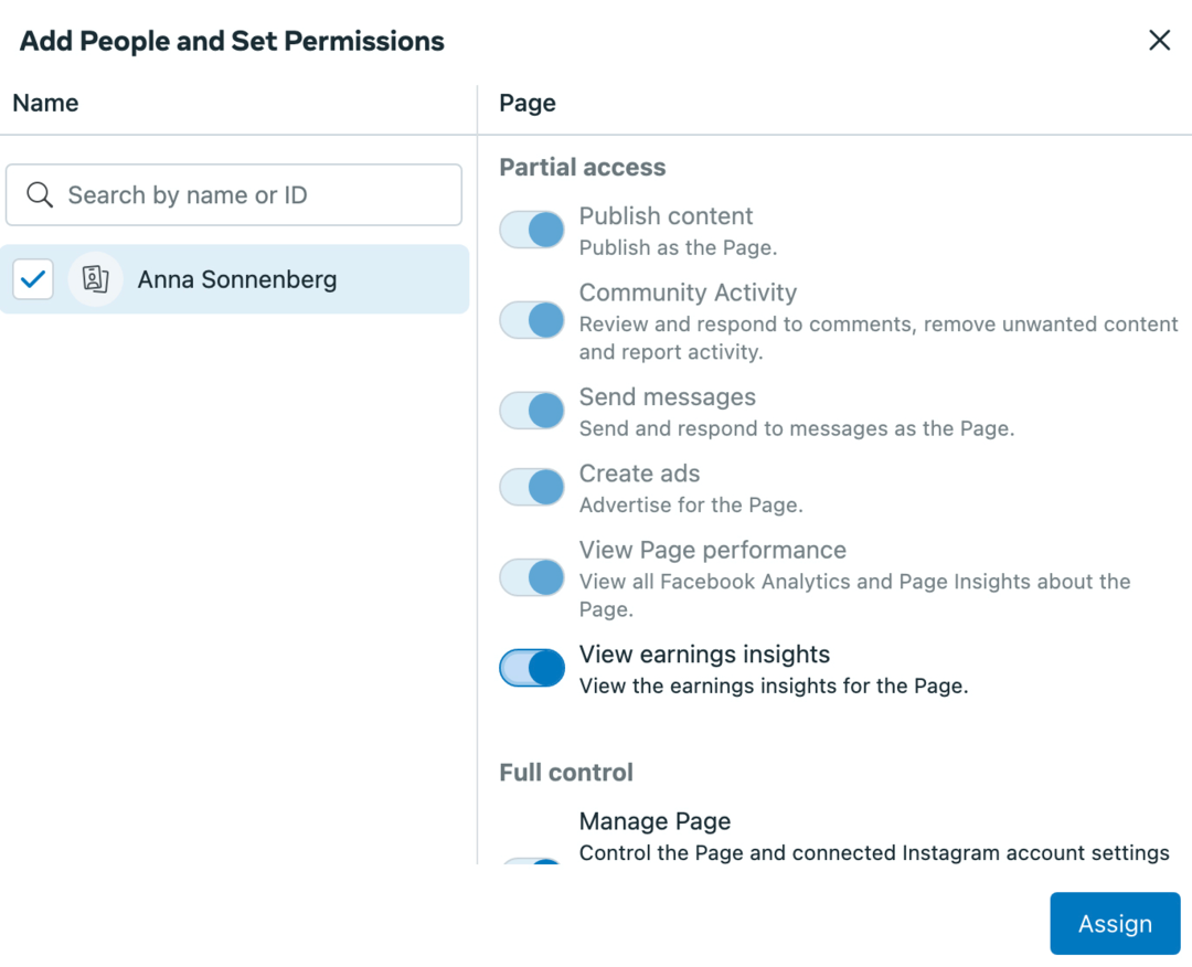 afbeelding van App People en Set Permissions-scherm in Meta Business Suite