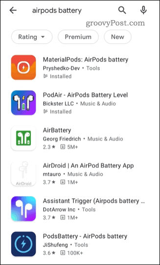 Een lijst met AirPods-statusapps van derden in de Google Play Store