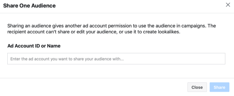 Facebook Ads Manager deelt een aangepast publiek> deel een publiekmenu met de optie om een ​​advertentieaccount-ID of naam toe te voegen