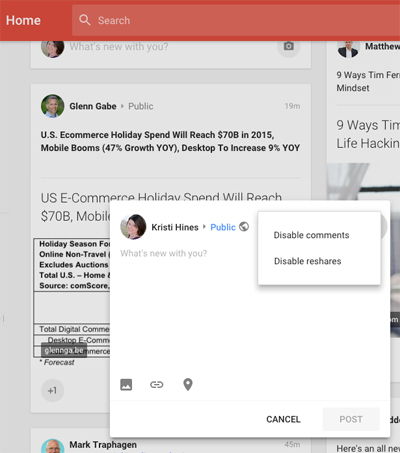 nieuwe google plus update reactie en deel opties