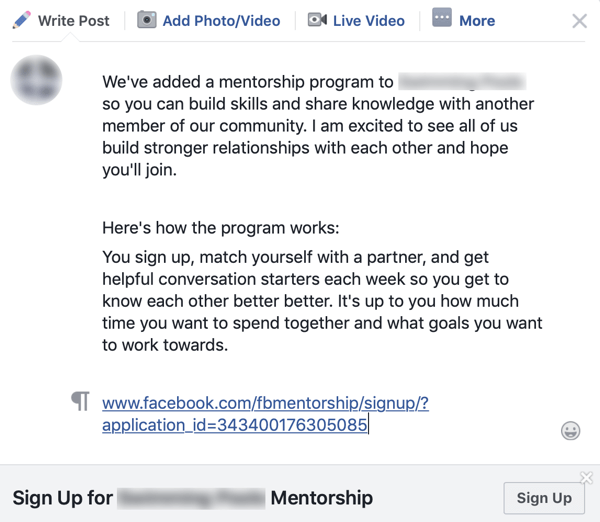 Hoe u uw Facebook-groepsgemeenschap kunt verbeteren, voorbeeld van een groepsaankondiging voor een Facebook-mentorschapsprogramma
