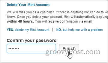 bevestig verwijderen met wachtwoord - verwijder mint.com account