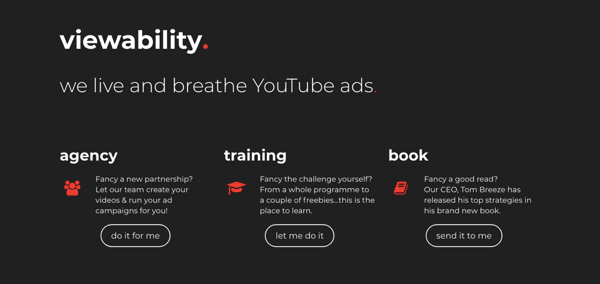 Screenshot van de website van Viewability, een YouTube-advertentiebureau.