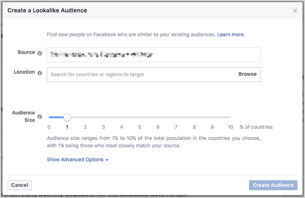 Stel Facebook-lookalike publieksgrootte in. U kunt de grootte bepalen met een schuifregelaar die verschijnt wanneer u het publiek maakt.