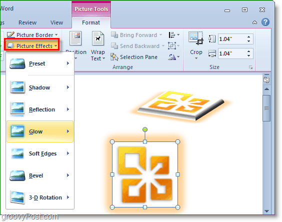 Voeg gloed en schaduw en 3D-rotatie-effecten toe aan Word 2010-afbeeldingen