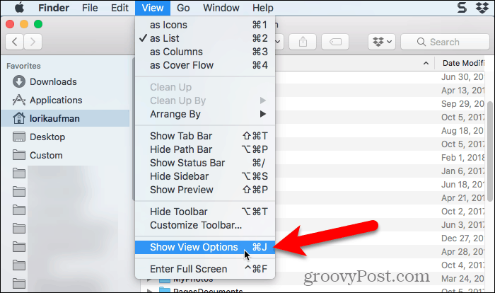Selecteer Show View Options in Finder op Mac