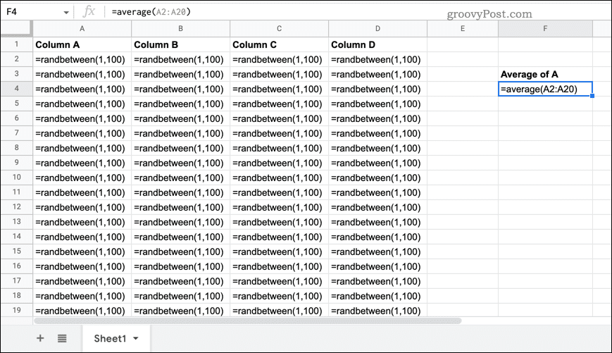 Een Google Spreadsheets-spreadsheet met formules zichtbaar