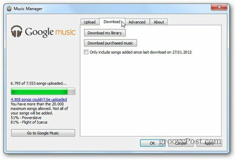 Google muziek downloadtabblad