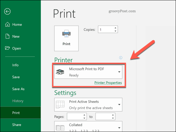 Afdrukken naar PDF-printeroptie in Excel