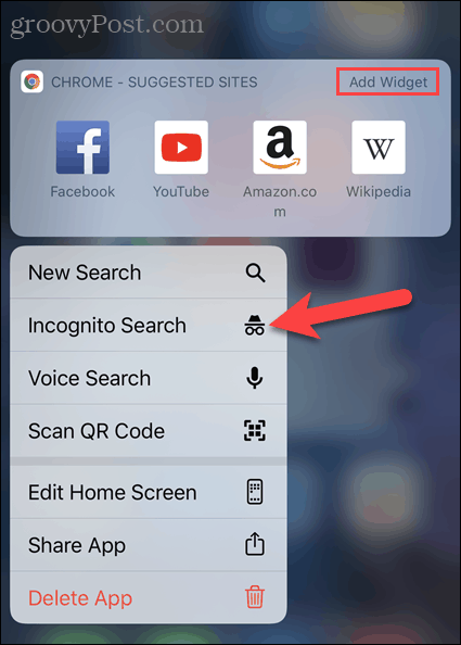 Tik op Nieuw incognitotabblad van het pictogram van de Chrome-app op iOS