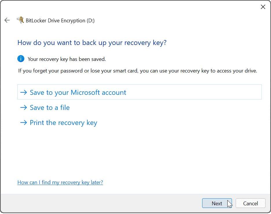 gebruik bitlocker om op Windows 11 herstelsleutel te gaan