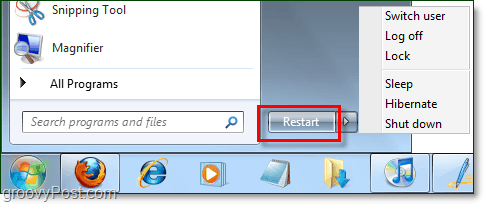 de aan / uit-knop van Windows 7 met gewijzigde eigenschappen om in plaats daarvan opnieuw te starten