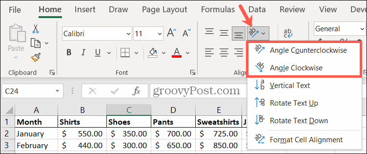 Kies een oriëntatiehoek in Excel om tekst te roteren