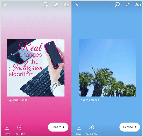 Een opnieuw gedeeld bericht in je Instagram-verhaal toont het originele bericht als een vierkante afbeelding met de gebruikersnaam van het account eronder.