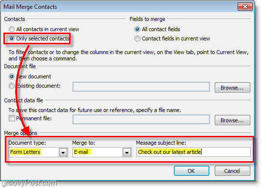 Schermafbeelding van Outlook 2010 -Zorg ervoor dat de opties correct zijn onder Mail Merge-contacten