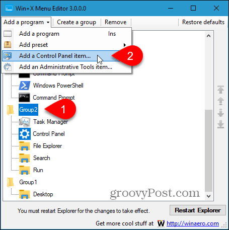 Selecteer een item in het Configuratiescherm toevoegen in Win + X Menu Editor