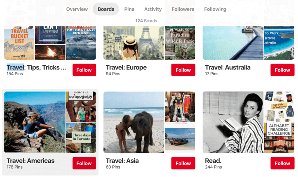 Tips om je Pinterest-bereik te verbeteren, voorbeeld 1, Endless Bliss-reisadvies Pinterest-borden georganiseerde regio