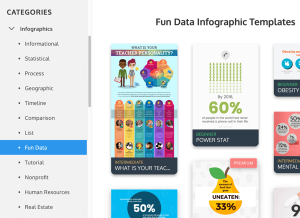Voorbeelden van Venngage-infographic-categorieën onder Fun Data.