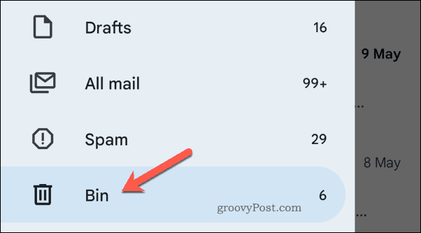De prullenbak openen in Gmail op mobiel