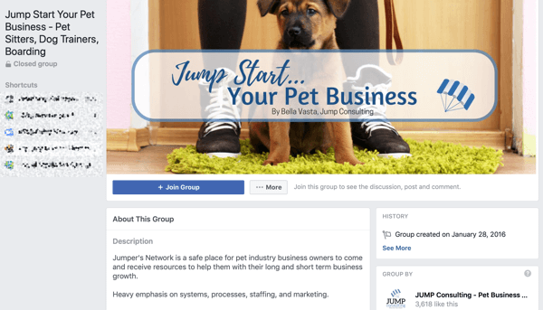 Hoe Facebook Groups-functies te gebruiken, voorbeeld van een groep voor Jump Start Your Pet Business