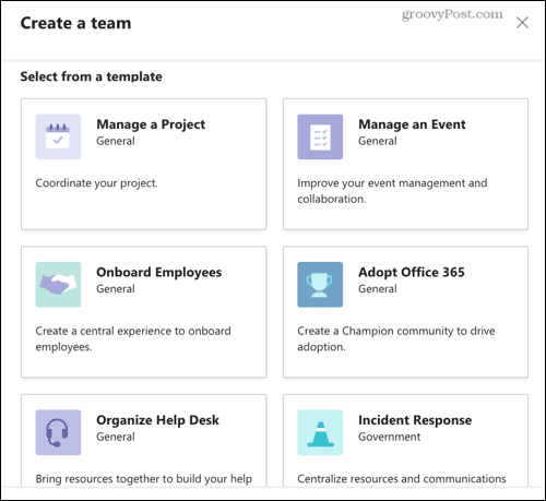 Selecteer een van de Microsoft Teams-sjablonen