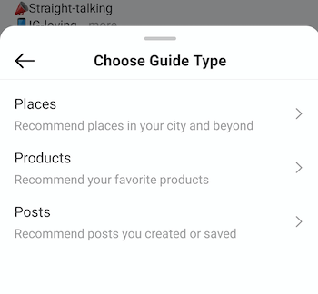 voorbeeld instagram maken gids kies gids type menu met opties van plaatsen, producten en postexample instagram maken gids kies gids type menu met opties van plaatsen, producten en berichten