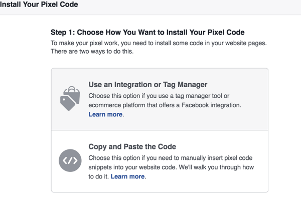 Kies welke methode je wilt gebruiken om de Facebook-pixel te installeren.
