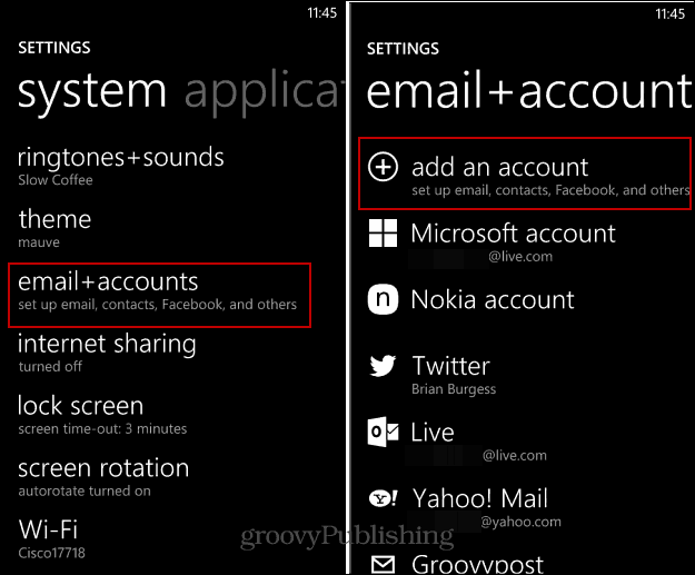 Hoe e-mail en sociale accounts op Windows Phone in te stellen