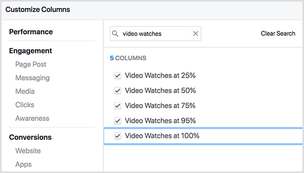 Het Facebook Ads Manager-scherm Kolommen aanpassen heeft bovenaan een zoekvak. De zoekterm Videobeelden wordt in het zoekvak ingevoerd en de resultaten zijn Videobeelden tegen 25 procent, Videobeelden tegen 50 procent, enzovoort, inclusief 75 procent, 95 procent en 100 procent.
