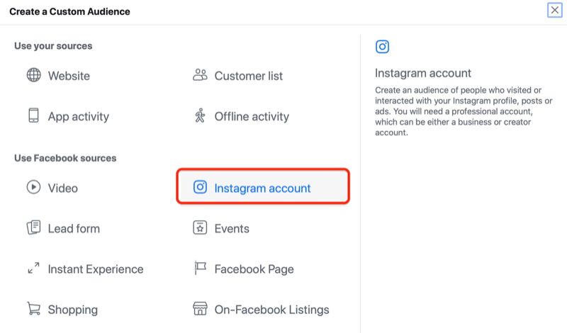 Facebook Ads Manager maakt een aangepast publieksmenu met de optie Instagram-account gemarkeerd