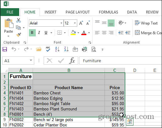 Selecteer Area Excel Document