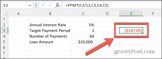 Excel PPMT-resultaat