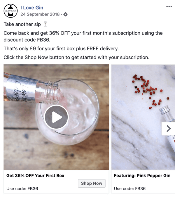 Hoe Facebook-bereikadvertenties te maken, stap 8, voorbeeld van advertentiemateriaal door I Love Gin