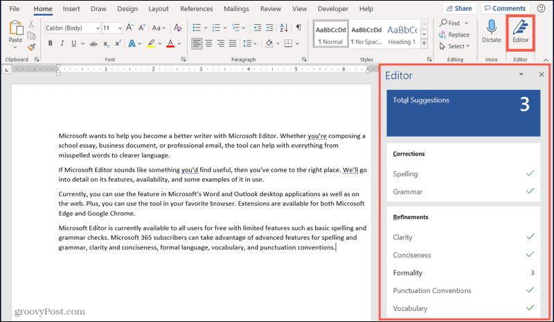 Microsoft Editor in Word op Windows