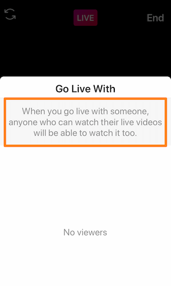 screenshot van Instagram Live met het bericht: Als je met iemand live gaat, kan iedereen die hun live video's kan bekijken, het ook bekijken.
