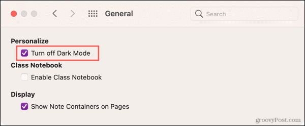 Schakel de donkere modus uit in OneNote op Mac