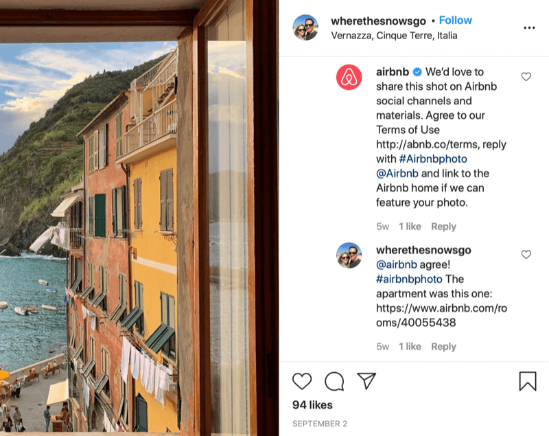 instagram geschreven repost toestemming voorbeeld tussen @wherethesnowsgo en @airbnb met airbnb die vraagt ​​om het foto en informatie over het verlenen van goedkeuring, en het antwoord van @wherethesnowsgo waarin toestemming wordt gegeven voor het opnieuw delen van de afbeelding