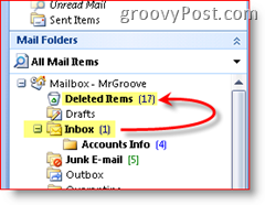 Outlook 2007 Screenshot waarin wordt uitgelegd dat verwijderde items worden verplaatst naar de map met verwijderde items