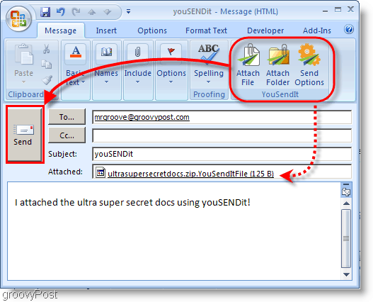 YouSendIt-knoppen op Outlook 2007-lint