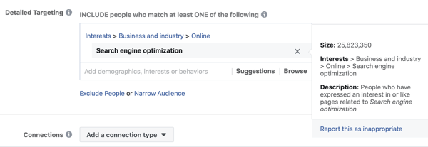 Voorbeeld van standaard facebooktargeting voor de interesse Search Engine Optimization resulterend in een te groot publiek, namelijk 25 miljoen.