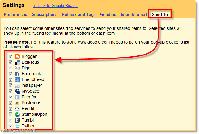 Gebruik het tabblad Verzenden naar in Google Reader om te selecteren welke sites worden weergegeven in uw lijst Verzenden naar