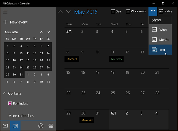 Kalender-app voor Windows 10 Insider Build 11099 krijgt jaarweergave
