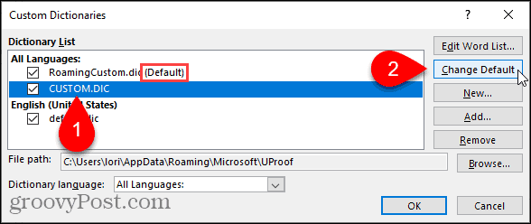 Verander standaard aangepast woordenboek in Word