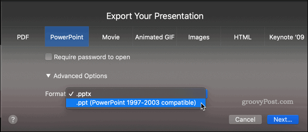 Een Keynote-presentatie exporteren als een PPT-bestand